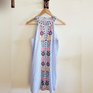 THML embroidered blue and white gingham midi dress.
